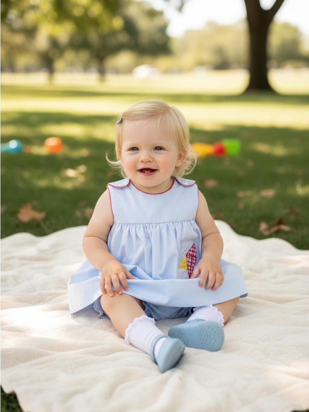Petit Ami Light Blue Sleeveless Dress with Ice Cream Patch with Bloomers 18M